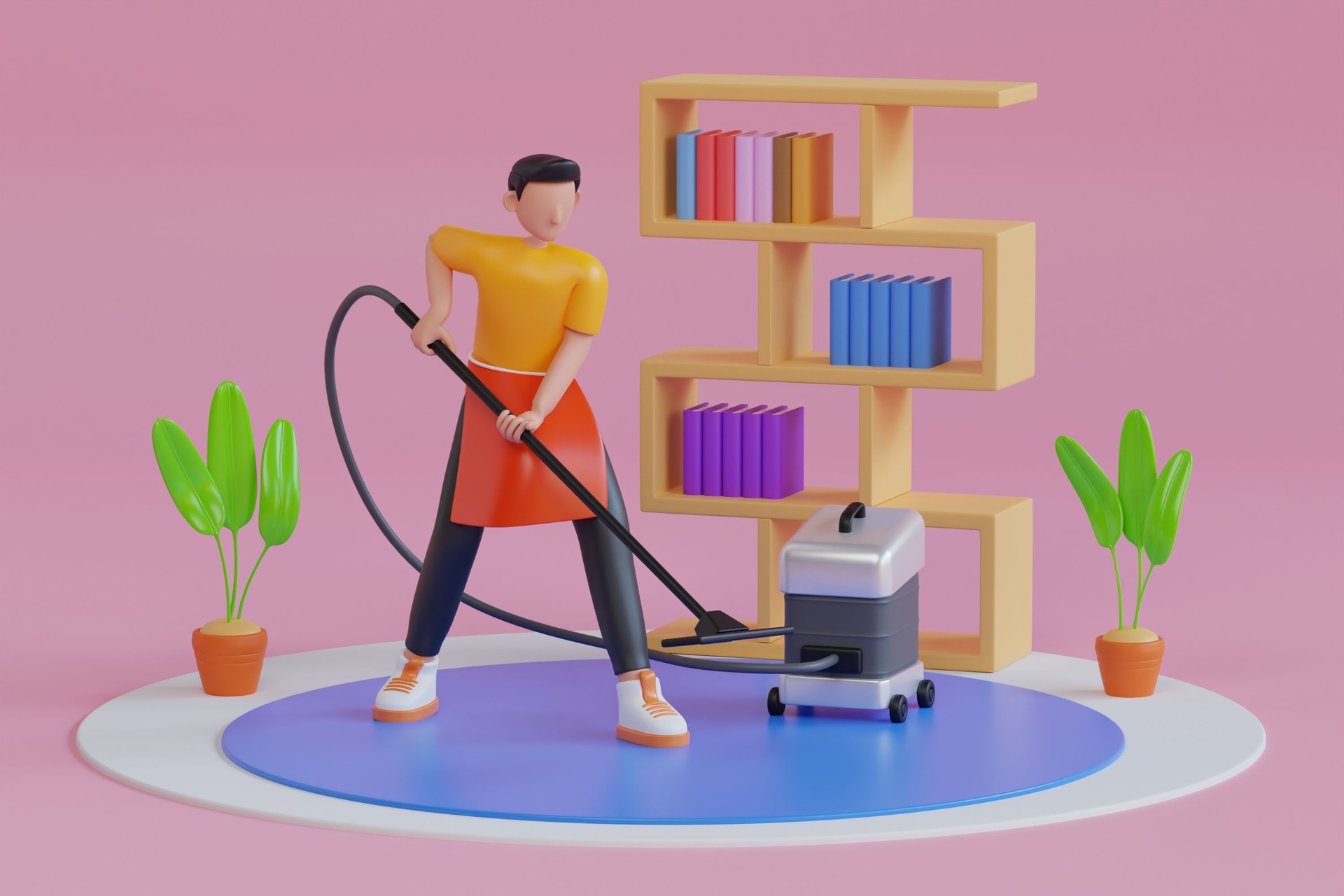 3D Cleaning service man with vacuum cleaner. Man Cleaning Blue Carpet With Vacuum Cleaner At Home. Housekeeping staff. 3d illustration